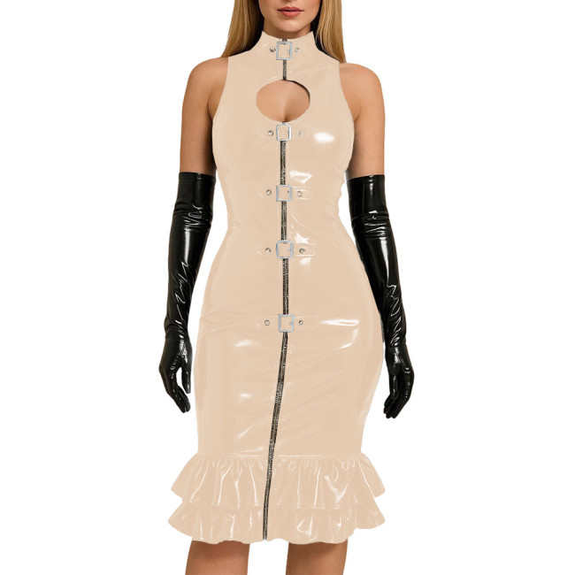 Chic Sexy Buckle Front Bodycon Dress Evening Ball Gowns Glossy PVC Leather Slim Knee-length Mermaid Dress with Gloves Clubwear