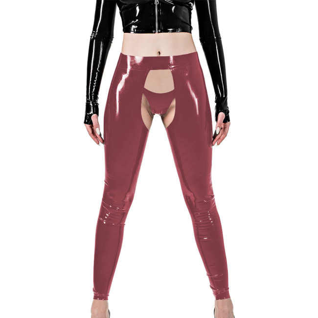 Erotic Sexy Crotchless Leggings Vinyl Glossy Leather Open Butt and Front Cutout Tights Pant with Brief Exotic Fetish Clubwear