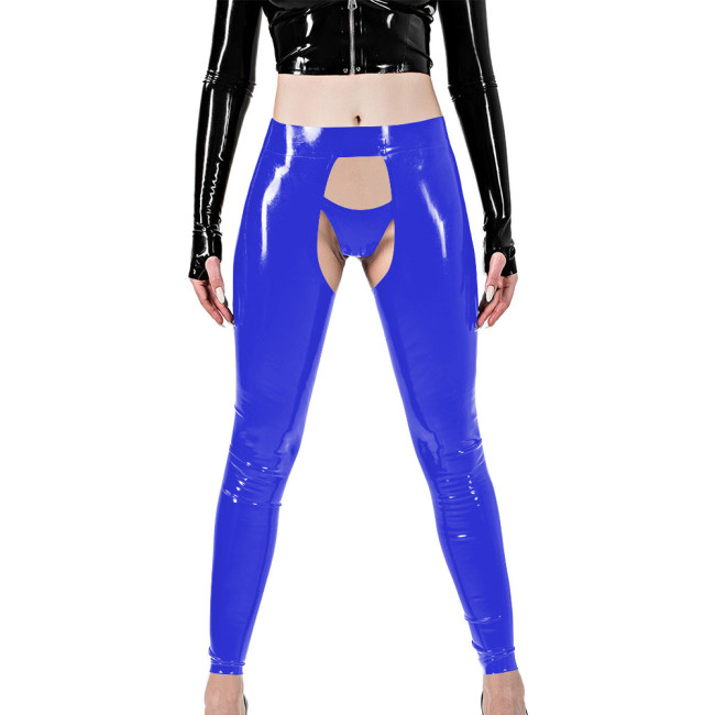 Erotic Sexy Crotchless Leggings Vinyl Glossy Leather Open Butt and Front Cutout Tights Pant with Brief Exotic Fetish Clubwear
