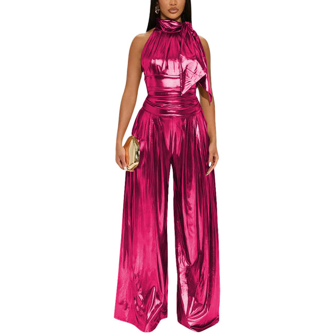 Plus Size Cocktail Party Jumpsuit Liquid Metallic High Neck Sleeveless Elegant Jumpsuits Womens Shiny Wide Leg Jumpsuit Rompers