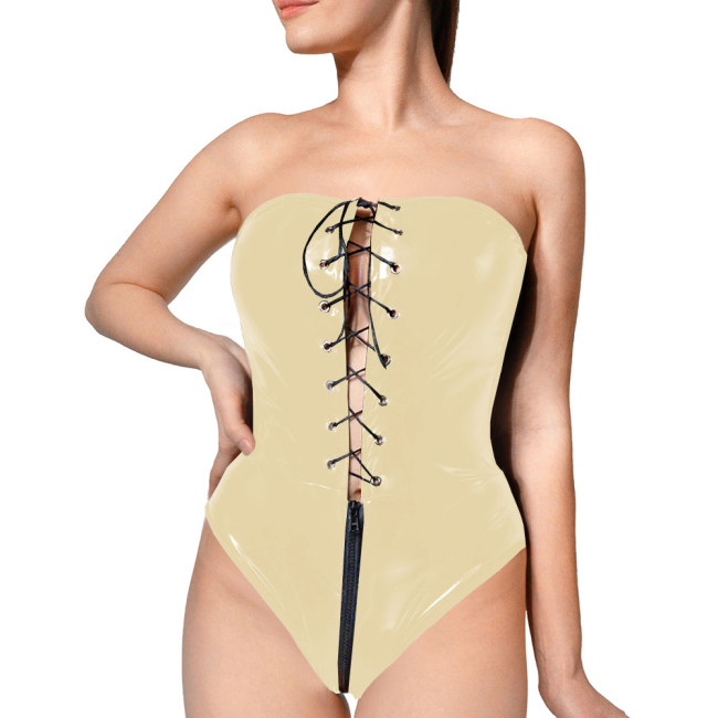 Club Tight Sleeveless Bodysuits Sexy PVC Shiny Strapless Cut Out Bodysuit Women Backless One Piece Zipper Crotch Rompers Party