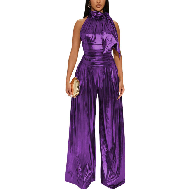 Plus Size Cocktail Party Jumpsuit Liquid Metallic High Neck Sleeveless Elegant Jumpsuits Womens Shiny Wide Leg Jumpsuit Rompers