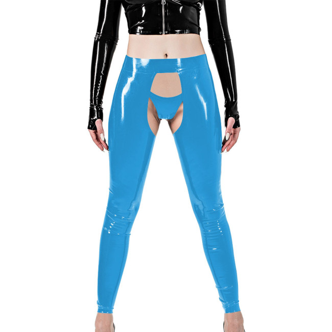 Erotic Sexy Crotchless Leggings Vinyl Glossy Leather Open Butt and Front Cutout Tights Pant with Brief Exotic Fetish Clubwear