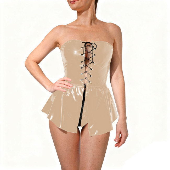 Sexy Lace-up Hollow PVC Shiny Bodysuit Nightclub Off Shoulder Strapless Skirted Rompers Wet Glossy Leather Raves Outfit Clubwear