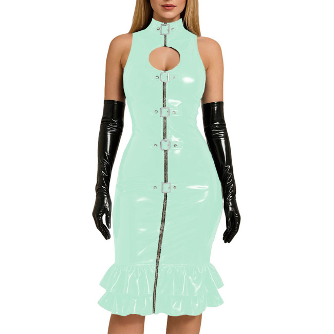 Chic Sexy Buckle Front Bodycon Dress Evening Ball Gowns Glossy PVC Leather Slim Knee-length Mermaid Dress with Gloves Clubwear