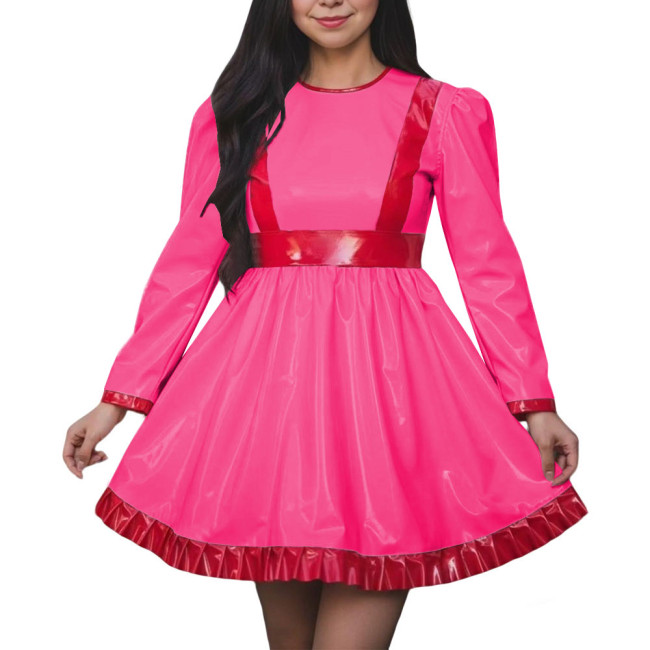 Women High Waist A-line Swing Dress Vinyl PVC Leather Long Sleeve Party Dress Halloween Cosplay Uniforms Dress Crossdressing