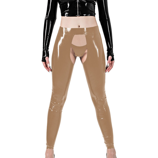 Erotic Sexy Crotchless Leggings Vinyl Glossy Leather Open Butt and Front Cutout Tights Pant with Brief Exotic Fetish Clubwear