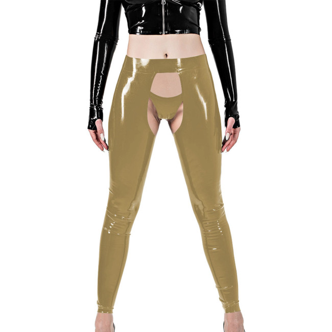 Erotic Sexy Crotchless Leggings Vinyl Glossy Leather Open Butt and Front Cutout Tights Pant with Brief Exotic Fetish Clubwear