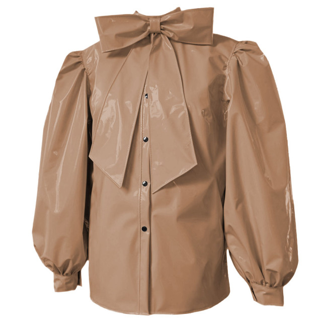 Plus Size Latex-look PVC Bow Blouses Fashion Chic Puff Long Sleevs Slim Shirts Smooth Patent Leather Button-up Womens Shirts Top