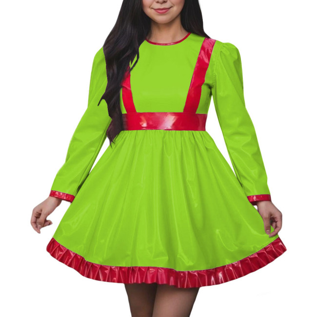 Women High Waist A-line Swing Dress Vinyl PVC Leather Long Sleeve Party Dress Halloween Cosplay Uniforms Dress Crossdressing