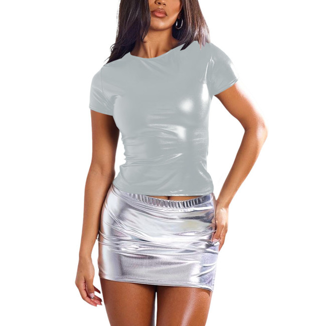 Plus Size Party Casual Shiny T-shirts Womens Round Neck Short Sleeve Metallic Shiny T-Shirts Solid Color Tops Ladies Streetwear