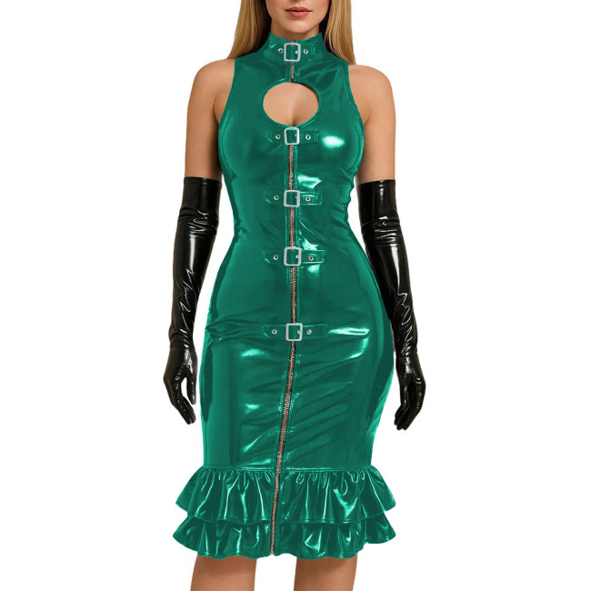 Chic Sexy Buckle Front Bodycon Dress Evening Ball Gowns Glossy PVC Leather Slim Knee-length Mermaid Dress with Gloves Clubwear