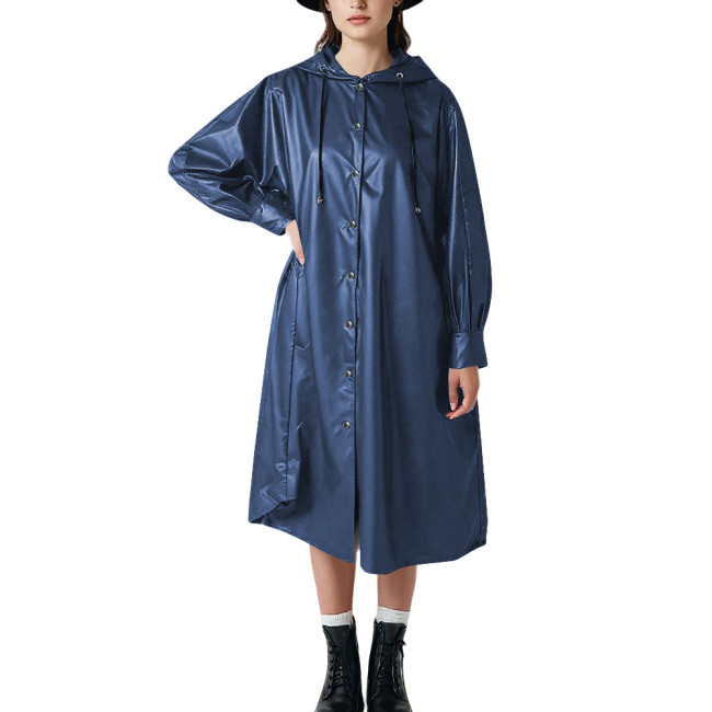 Plus Size Matte Faux Leather Oversized Midi Coat Chic Hoodies Long Sleeve Trench Coat for Women Festival Party Club Cosplay Coat