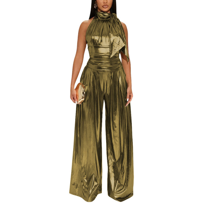 Plus Size Cocktail Party Jumpsuit Liquid Metallic High Neck Sleeveless Elegant Jumpsuits Womens Shiny Wide Leg Jumpsuit Rompers