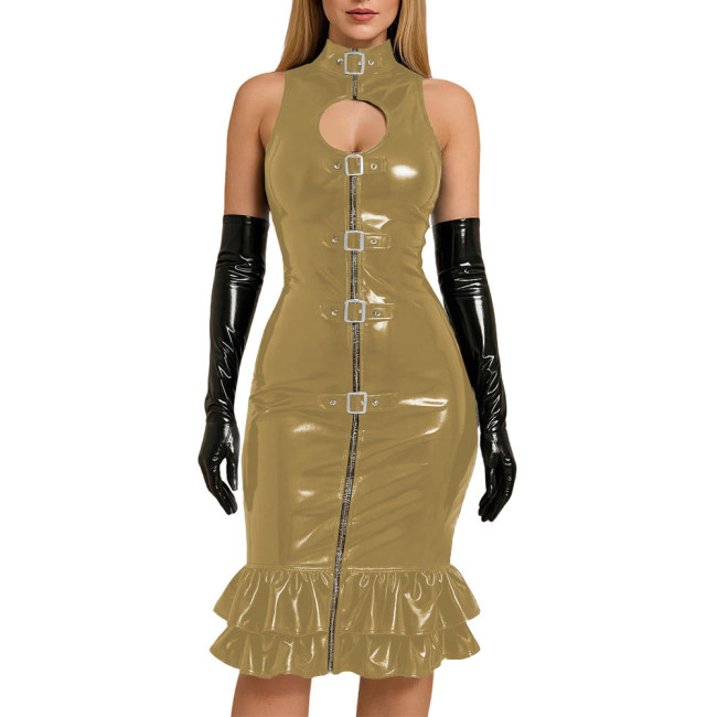 Chic Sexy Buckle Front Bodycon Dress Evening Ball Gowns Glossy PVC Leather Slim Knee-length Mermaid Dress with Gloves Clubwear