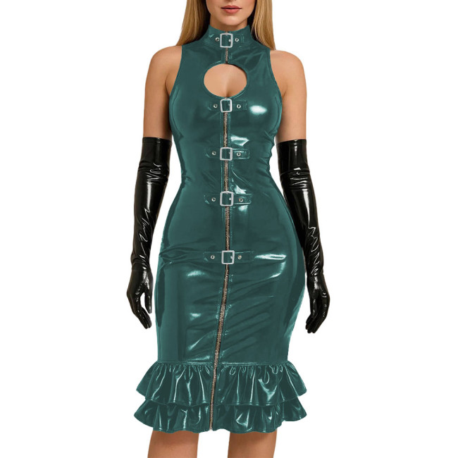 Chic Sexy Buckle Front Bodycon Dress Evening Ball Gowns Glossy PVC Leather Slim Knee-length Mermaid Dress with Gloves Clubwear