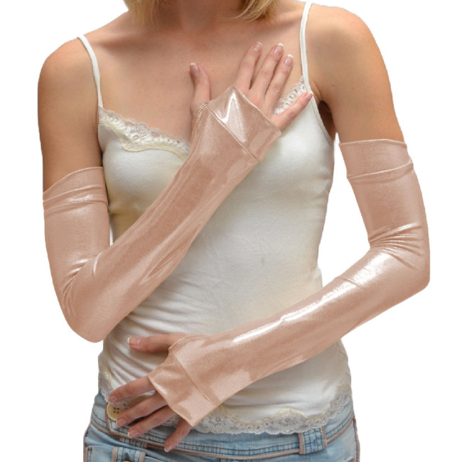 Fashion Fingerless Shiny Metallic Long Gloves Halloween Dress Up Cosplay Accessory Club Sexy Elbow Length Wetlook Stretch Gloves