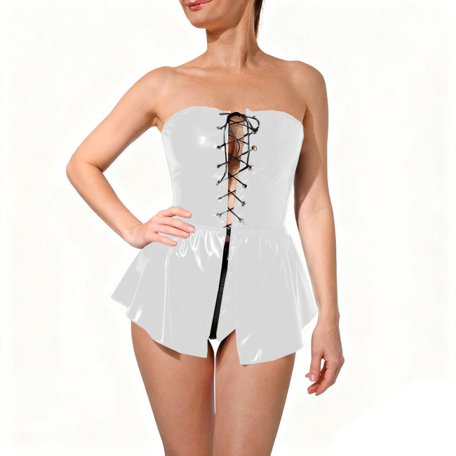 Sexy Lace-up Hollow PVC Shiny Bodysuit Nightclub Off Shoulder Strapless Skirted Rompers Wet Glossy Leather Raves Outfit Clubwear