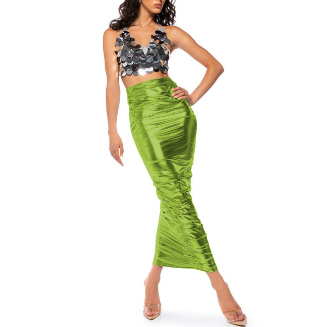 Sexy High Waist Ruched Maxi Skirts Metallic Shiny Slim Fit Elegance Party Long Skirts with Pleat Womens Pencil Skirts Clubwear