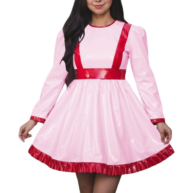 Women High Waist A-line Swing Dress Vinyl PVC Leather Long Sleeve Party Dress Halloween Cosplay Uniforms Dress Crossdressing