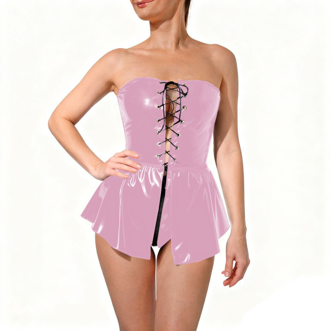 Sexy Lace-up Hollow PVC Shiny Bodysuit Nightclub Off Shoulder Strapless Skirted Rompers Wet Glossy Leather Raves Outfit Clubwear