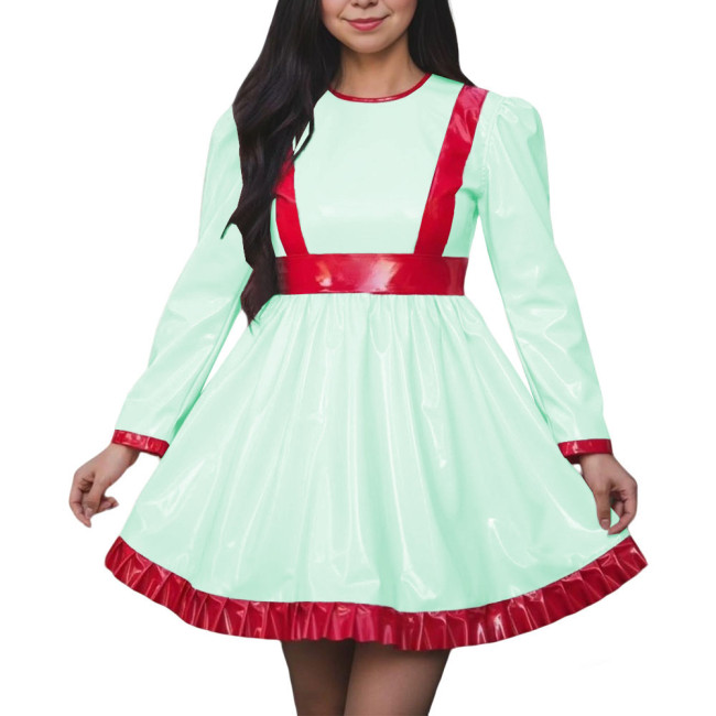 Women High Waist A-line Swing Dress Vinyl PVC Leather Long Sleeve Party Dress Halloween Cosplay Uniforms Dress Crossdressing