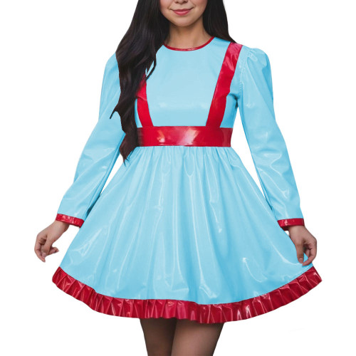 Women High Waist A-line Swing Dress Vinyl PVC Leather Long Sleeve Party Dress Halloween Cosplay Uniforms Dress Crossdressing