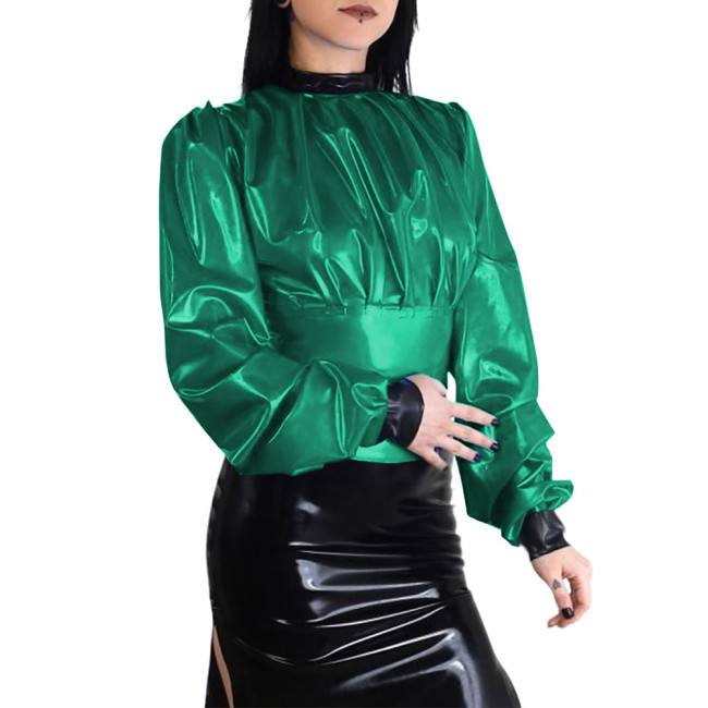 Plus Size Wet Look Puff Long Sleeve Womens Blouse Patchwork Ladies Pleated Slim Waist Shirt Fashion Zipper Back PVC Shiny Tops