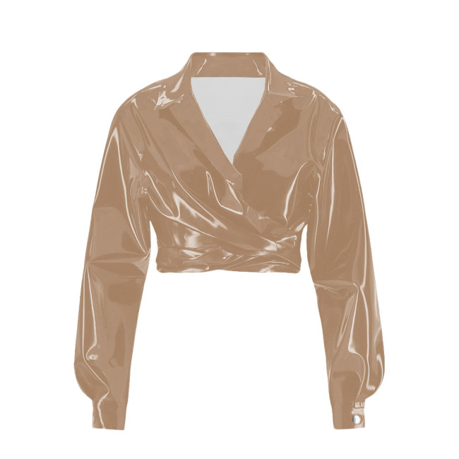 Vinyl PVC Leather Long Sleeve Cropped Jackets for Womens Lapel Fashion Solid Short Motorcycle Jackets Plus Size Ladies Chic Tops