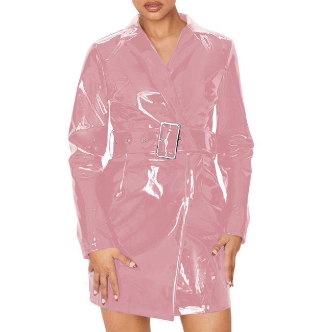 Women's Vinyl PVC Leather Trench Coat Fashion Streetwear Long Sleeve Lapel Collar Belt Trench Coat Office Ladies Slim Outerwear