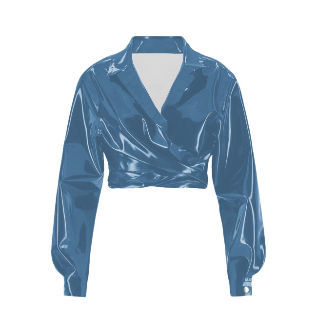Vinyl PVC Leather Long Sleeve Cropped Jackets for Womens Lapel Fashion Solid Short Motorcycle Jackets Plus Size Ladies Chic Tops