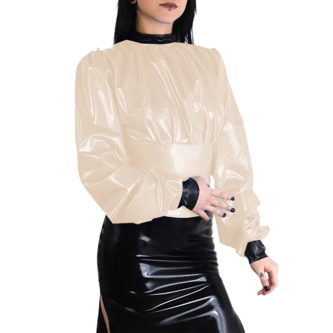 Plus Size Wet Look Puff Long Sleeve Womens Blouse Patchwork Ladies Pleated Slim Waist Shirt Fashion Zipper Back PVC Shiny Tops
