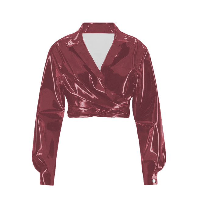 Vinyl PVC Leather Long Sleeve Cropped Jackets for Womens Lapel Fashion Solid Short Motorcycle Jackets Plus Size Ladies Chic Tops