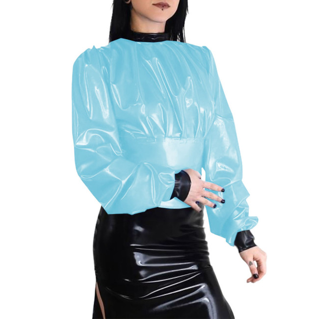 Plus Size Wet Look Puff Long Sleeve Womens Blouse Patchwork Ladies Pleated Slim Waist Shirt Fashion Zipper Back PVC Shiny Tops