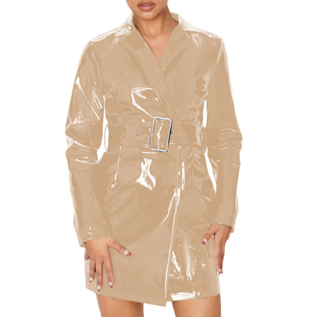 Women's Vinyl PVC Leather Trench Coat Fashion Streetwear Long Sleeve Lapel Collar Belt Trench Coat Office Ladies Slim Outerwear