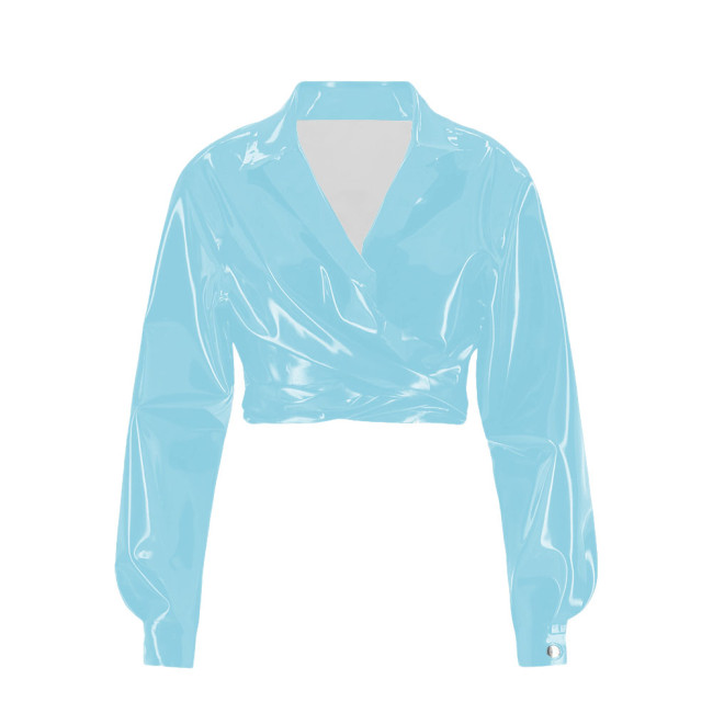 Vinyl PVC Leather Long Sleeve Cropped Jackets for Womens Lapel Fashion Solid Short Motorcycle Jackets Plus Size Ladies Chic Tops