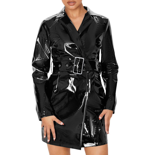 Women's Vinyl PVC Leather Trench Coat Fashion Streetwear Long Sleeve Lapel Collar Belt Trench Coat Office Ladies Slim Outerwear