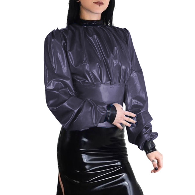 Plus Size Wet Look Puff Long Sleeve Womens Blouse Patchwork Ladies Pleated Slim Waist Shirt Fashion Zipper Back PVC Shiny Tops