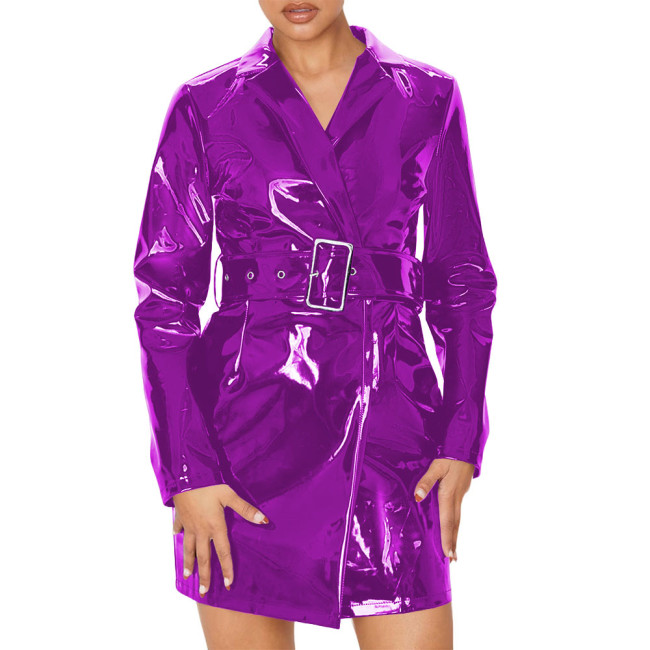 Women's Vinyl PVC Leather Trench Coat Fashion Streetwear Long Sleeve Lapel Collar Belt Trench Coat Office Ladies Slim Outerwear