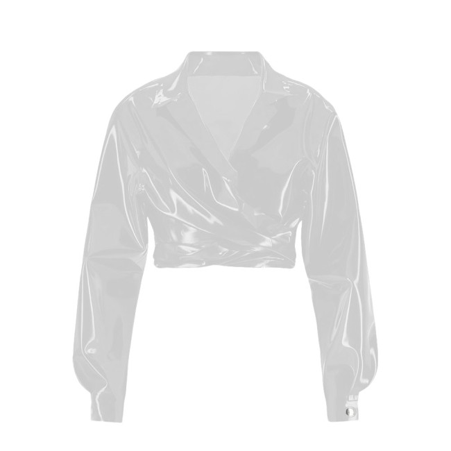 Vinyl PVC Leather Long Sleeve Cropped Jackets for Womens Lapel Fashion Solid Short Motorcycle Jackets Plus Size Ladies Chic Tops