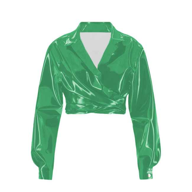 Vinyl PVC Leather Long Sleeve Cropped Jackets for Womens Lapel Fashion Solid Short Motorcycle Jackets Plus Size Ladies Chic Tops