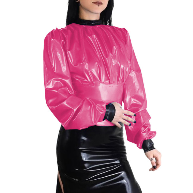 Plus Size Wet Look Puff Long Sleeve Womens Blouse Patchwork Ladies Pleated Slim Waist Shirt Fashion Zipper Back PVC Shiny Tops