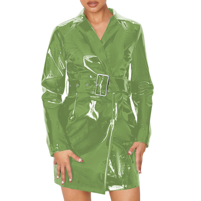 Women's Vinyl PVC Leather Trench Coat Fashion Streetwear Long Sleeve Lapel Collar Belt Trench Coat Office Ladies Slim Outerwear