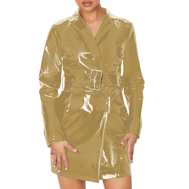 Women's Vinyl PVC Leather Trench Coat Fashion Streetwear Long Sleeve Lapel Collar Belt Trench Coat Office Ladies Slim Outerwear