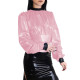 Plus Size Wet Look Puff Long Sleeve Womens Blouse Patchwork Ladies Pleated Slim Waist Shirt Fashion Zipper Back PVC Shiny Tops