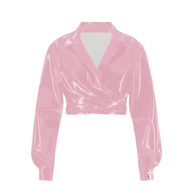 Vinyl PVC Leather Long Sleeve Cropped Jackets for Womens Lapel Fashion Solid Short Motorcycle Jackets Plus Size Ladies Chic Tops