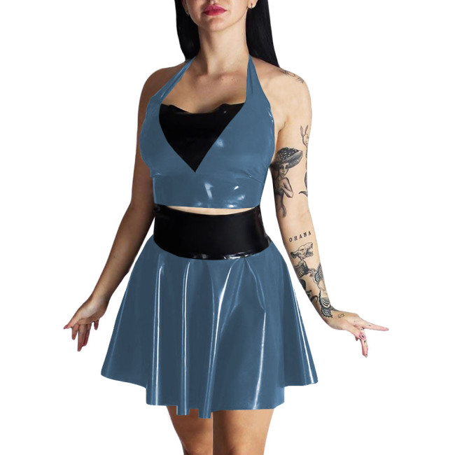 Plus Size Womens Wet Look Outfit Sexy Croped Top High Waist Mini A-line Skirts Suit Party Clubwear Dress PVC Leather Dress Sets