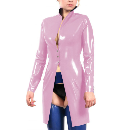 Stand Collar Vinyl Full Sleeve PVC Leather Long Jackets Latex Look Goth Button-up Trench Coat Plus Size Party Cosplay Outerwear