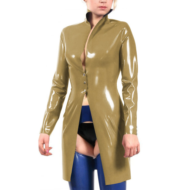 Stand Collar Vinyl Full Sleeve PVC Leather Long Jackets Latex Look Goth Button-up Trench Coat Plus Size Party Cosplay Outerwear