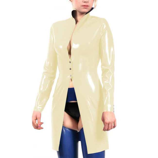 Stand Collar Vinyl Full Sleeve PVC Leather Long Jackets Latex Look Goth Button-up Trench Coat Plus Size Party Cosplay Outerwear